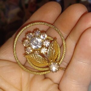 Vintage Floral Brooch With Rhinestones
